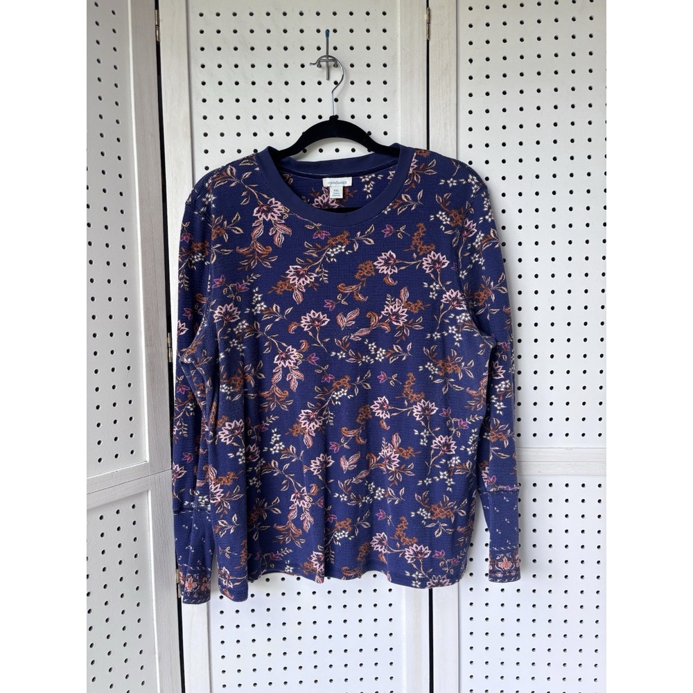 Sundance Brown Navy Floral Waffle Thermal L/S Tee Top Womens XXL Velvet Trim